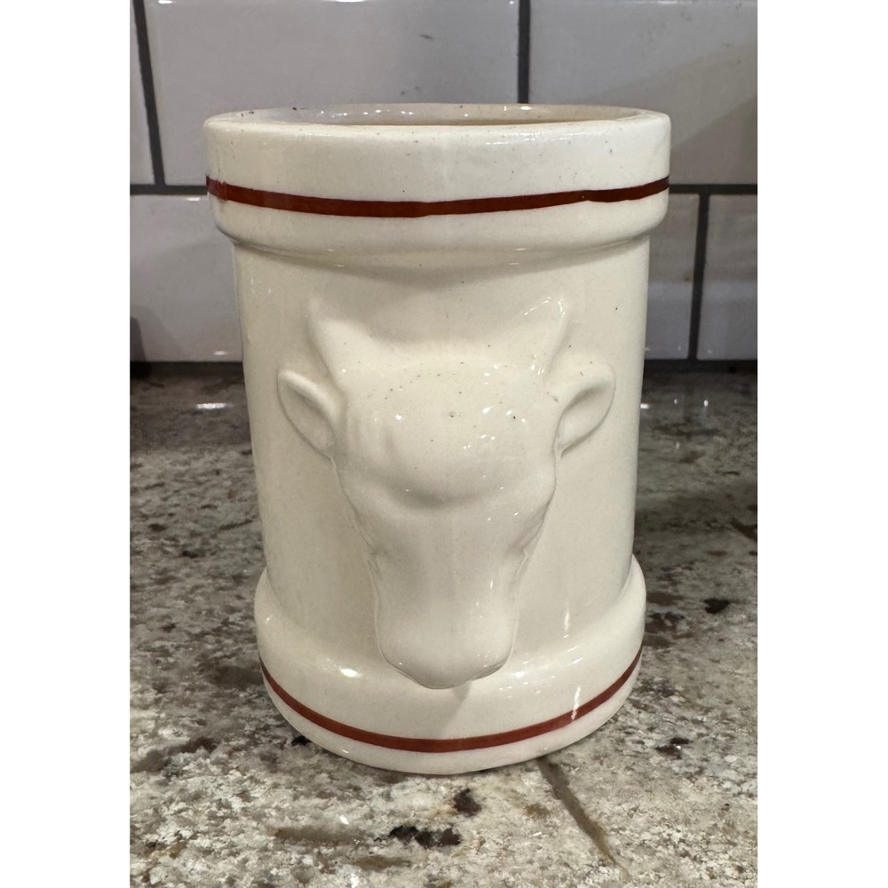 Vintage Farmhouse Ceramic Cow Head Utensil Holder Crock Cream Brown Stripe 6in